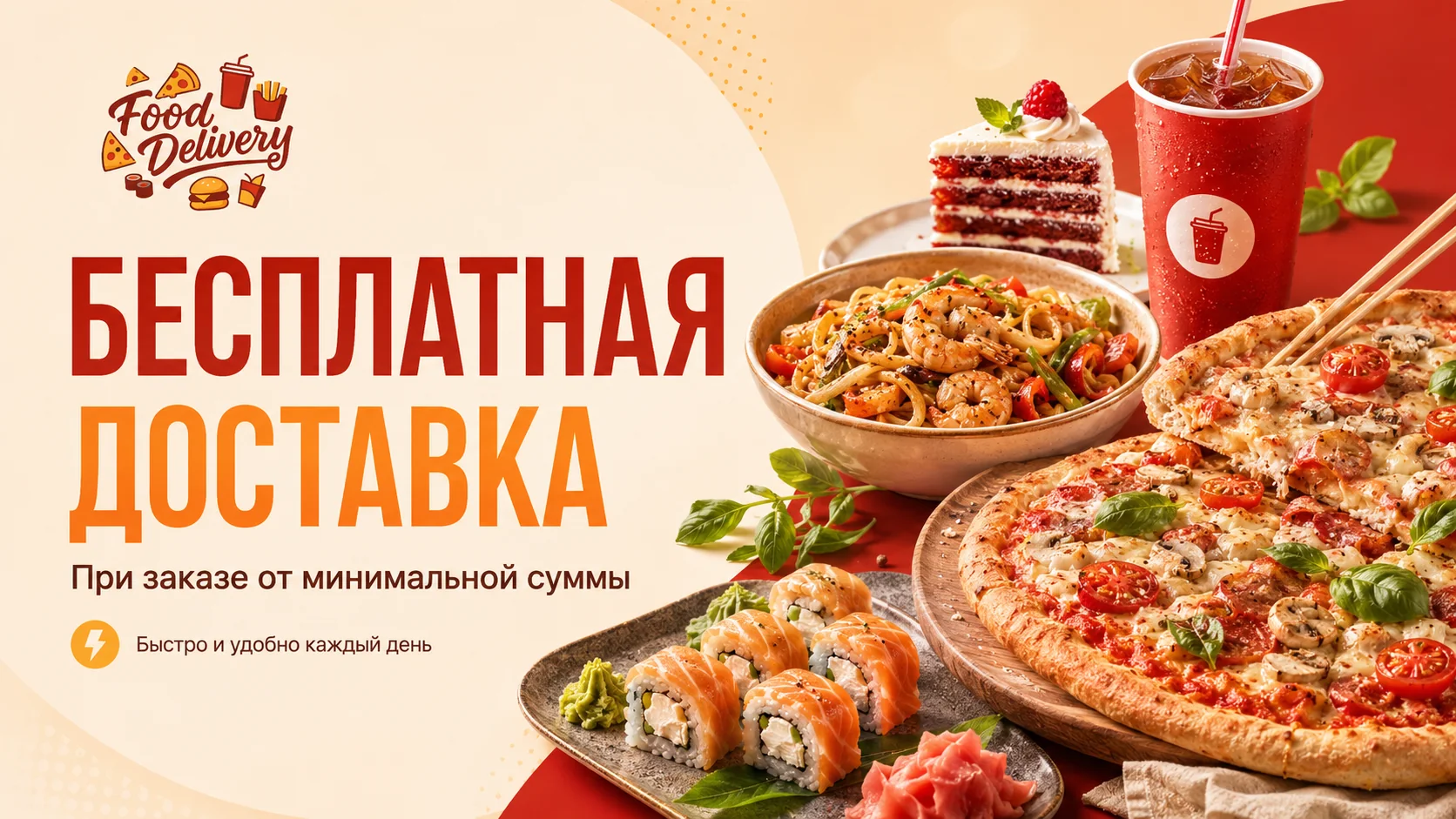 Бесплатная доставка: пицца, роллы, лапша, десерт и напиток