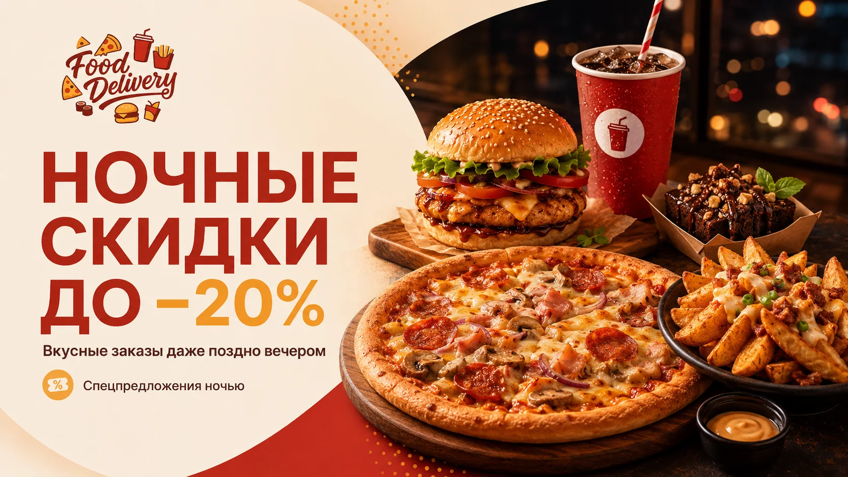 Ночные скидки до 20 процентов: пицца, бургер, картофель, десерт и напиток