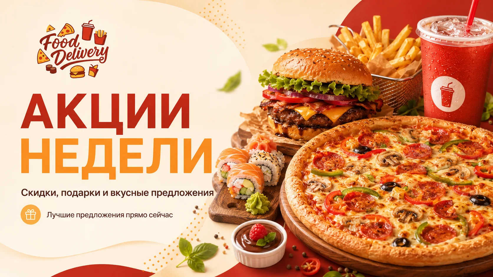 Акции недели: пицца, бургер, роллы, картофель фри, десерт и напиток